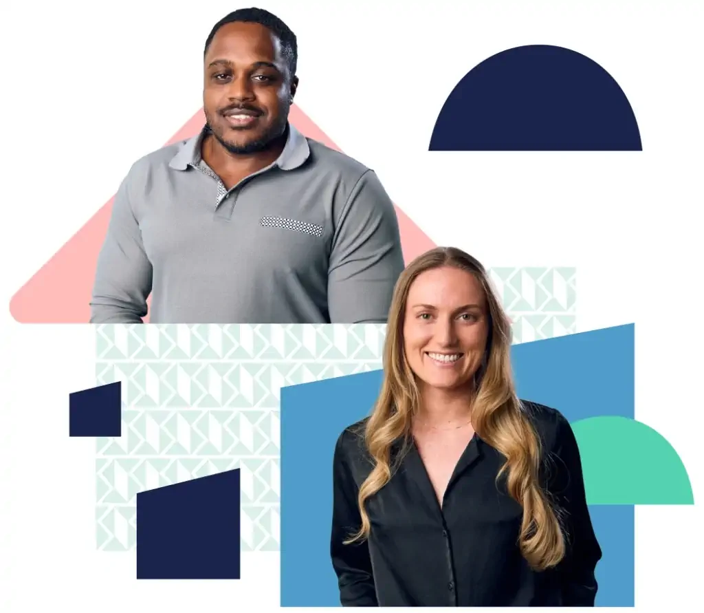 2 Saville employees surrounded by branded shapes