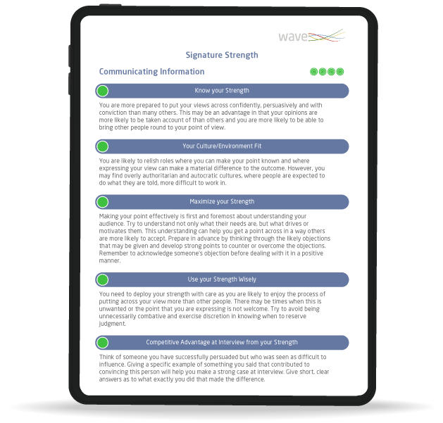 Career Guidance Report, Signature strengths, mock-up