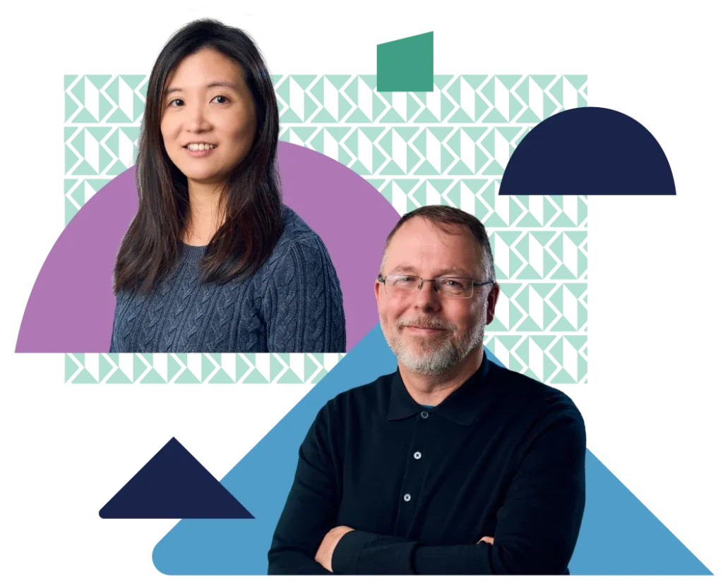 Two Saville employees surrounded by branded shapes