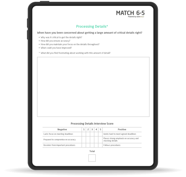 Match 6.5 interviewguide mockup på tablet